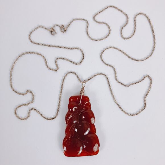 Vintage Faux Carnelian Molded Glass Fruit Pendant Sterling Silver Necklace 23" - Picture 8 of 12